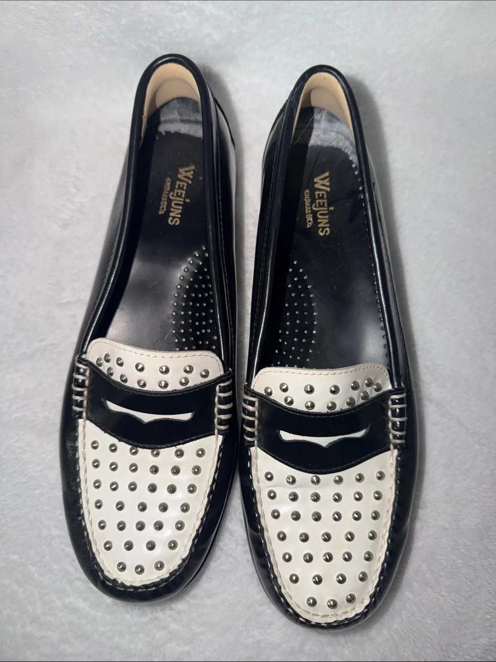 Black and White Studded Penny Loafers — Women's Two-Tone Flats